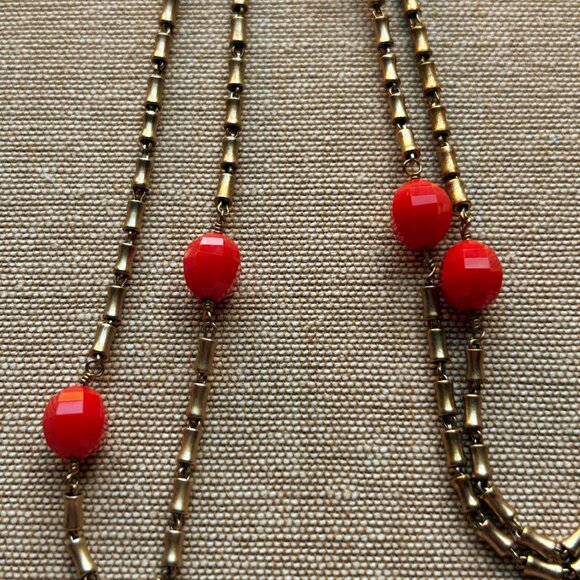 J Crew Gold-Tone Necklace w Tube Shaped Beads and Red Faceted Beads - Picture 3 of 6